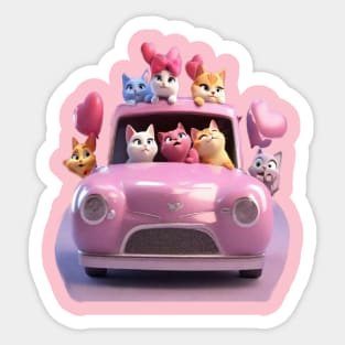 Happy cats in a pink car driving to valentines cat parade. Sticker